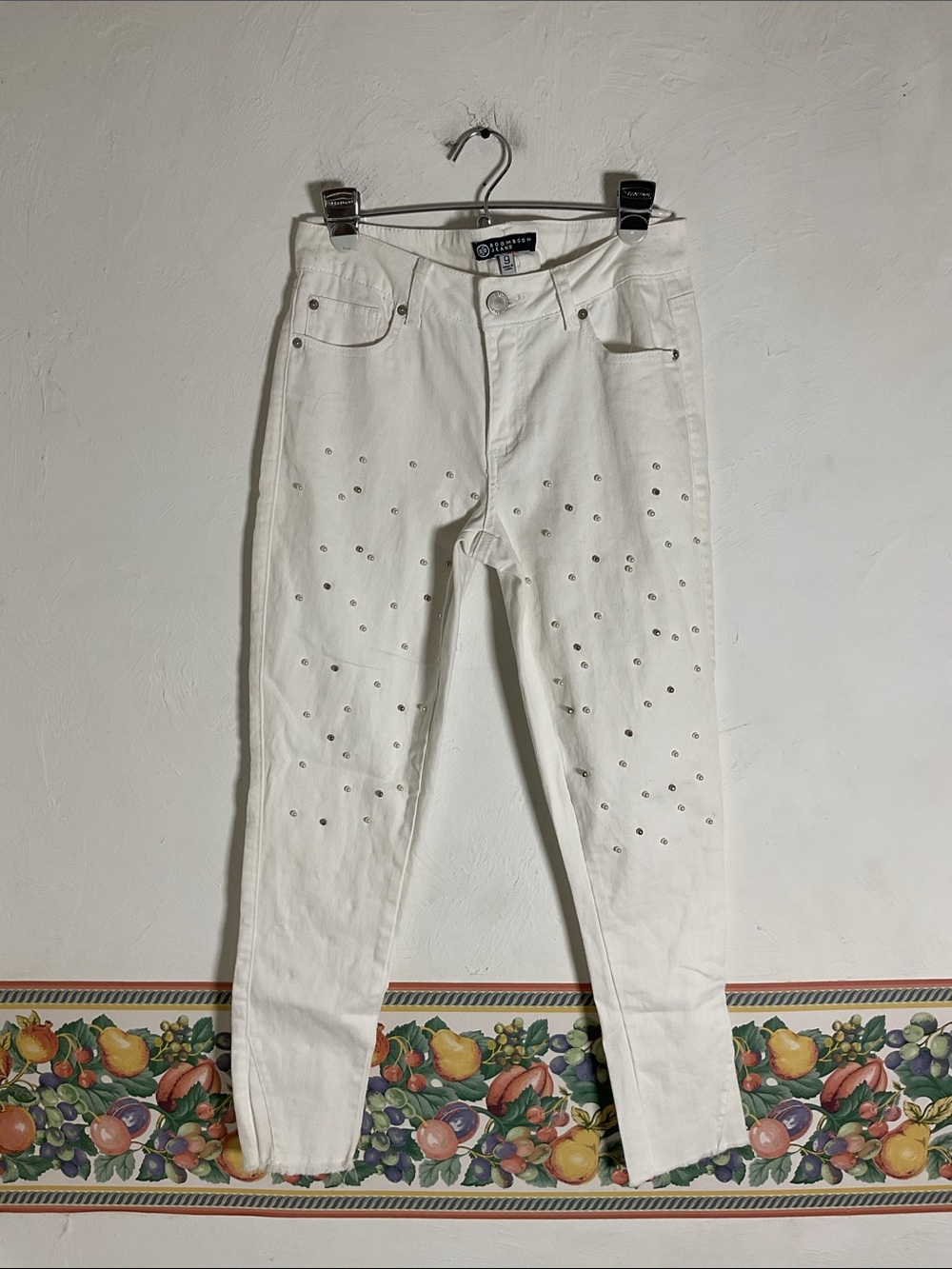 Boom Boom Jeans White Pearl & Stud Embellished Frayed Raw Hem Skinny Jeans Sz 9